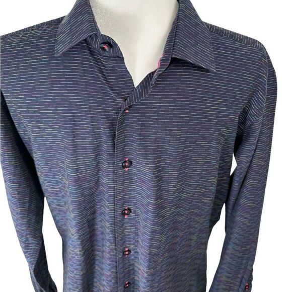 Jared Lang Navy Blue & Pink Striped Button Down Long Sleeve Dress Shirt - Picture 2 of 9